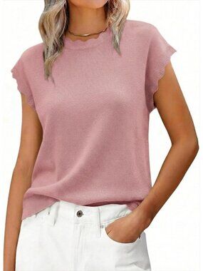Women's Dusty Pink Summer Cap Sleeve Lightweight Knit Sweater Soft Scallop Top